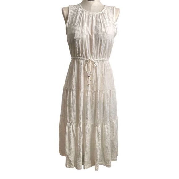 Calvin Klein Womens White Crinkled Tiered Midi Dress 10 Fit & Flare Minimalist - Picture 1 of 10